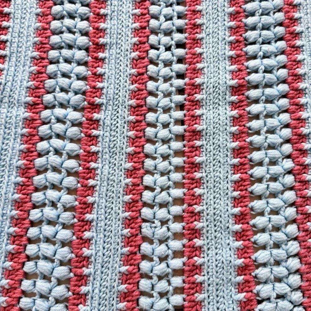 Hand‎ Crocheted Striped Afghan Blanket Scalloped Edge Blue Pink 50x65
